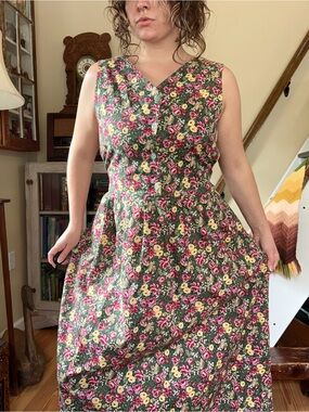 Handmade Green Floral Prairie Maxi Dress Sleeveless Cinch Waist Cottagecore